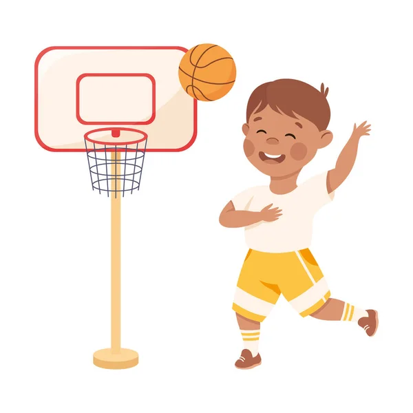 Cute Little Boy jogando bola na cesta jogando basquete praticando esporte e atividade física Vector Ilustração —  Vetores de Stock