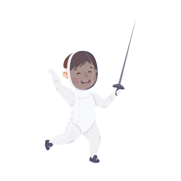 Lindo niño con sable esgrima practicar deporte y actividad física Vector Ilustración — Vector de stock