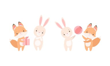 Şirin Tavşan ve Tilki Yavrusu En İyi Arkadaş Vektör Kümesi Olarak Birlikte Oynuyor