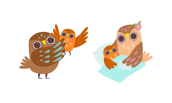 Happy Owl Family with Father, Mother and Baby Playing and Sleeping in Bed Vector Set — стоковый вектор