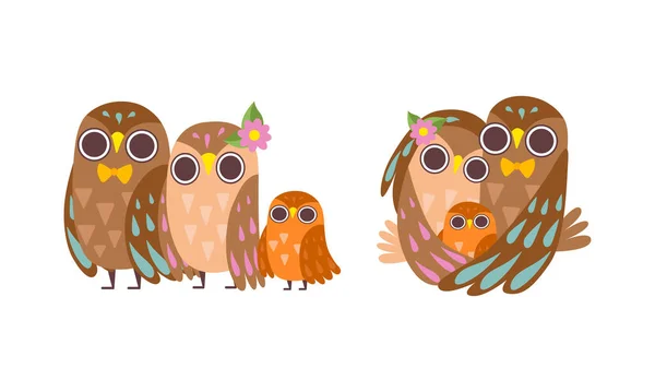 Happy Owl Family with Father, Mother and Baby Standing and Embraing Vector Set — стоковый вектор