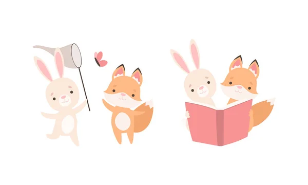 Coelhinho bonito e filhote de raposa jogando juntos como melhor conjunto de vetores amigos —  Vetores de Stock