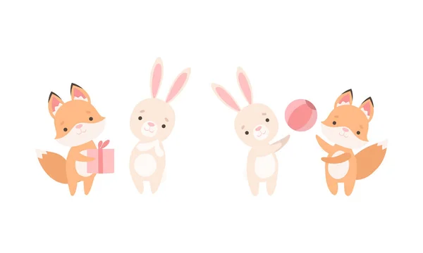 Pretty Little Bunny and Fox Cub Playing Together as Best Friends Vector Set — Stock Vector