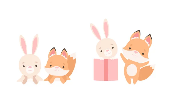 Pretty Little Bunny and Fox Cub Playing Together as Best Friends Vector Set — Stock Vector