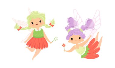 Sihirli değnek vektörüyle uçan ruhani kanatlı şirin küçük peri kız.