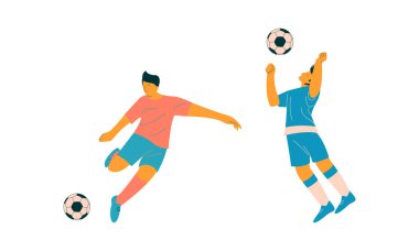 Genç Adam Futbol Oynuyor ya da Futbol Oynuyor Top Top Top Top Dönüyor Atış Golü Vector Kümesi