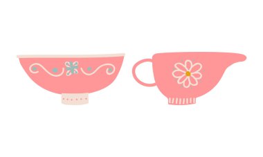 Tatlı El Çekim Kadehi ve Çay Vektörü Seti İçin Kase