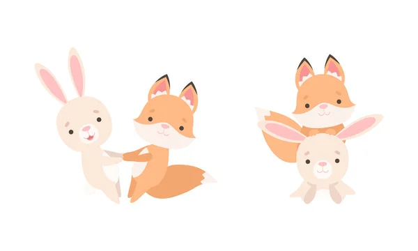 Pretty Little Bunny and Fox Cub Playing Together as Best Friends Vector Set — Stock Vector