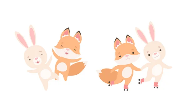 Pretty Little Bunny și Fox Cub joacă împreună ca cei mai buni prieteni Vector Set — Vector de stoc