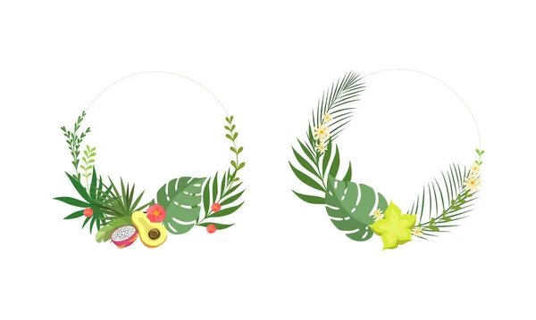 Rond gevormde frame met groene tropische bladeren en Jungle Foliage Vector Set — Stockvector