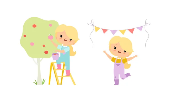 Little Blond Girl in Jumpsuit at Farm Cheering and Picking Ripe Apples from Tree Vector Set — Stock Vector
