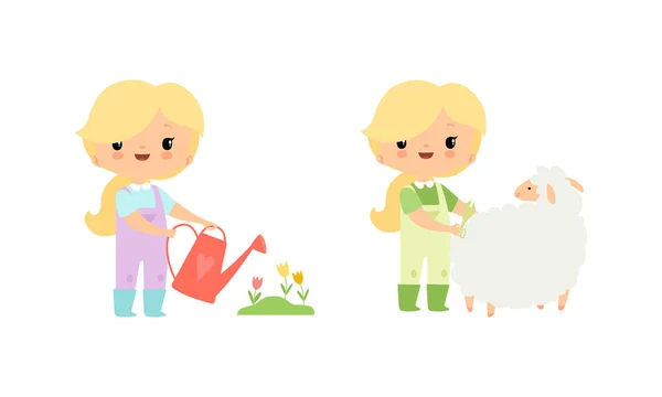 Little Blond Girl in Jumpsuit at Farm Watering Flowers and Shearing Sheep Vector Set — Stock Vector