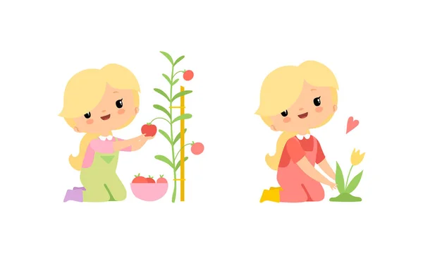 Mała blondynka w kombinezonie na farmie troszcząc się o kwiaty tulipanów i zbierając wektor pomidorów — Wektor stockowy