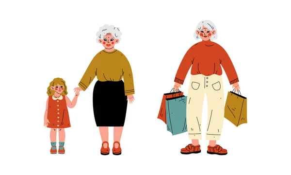 Senior mujer de pelo gris caminando con la nieta y llevando el conjunto de vectores de la bolsa de compras — Archivo Imágenes Vectoriales