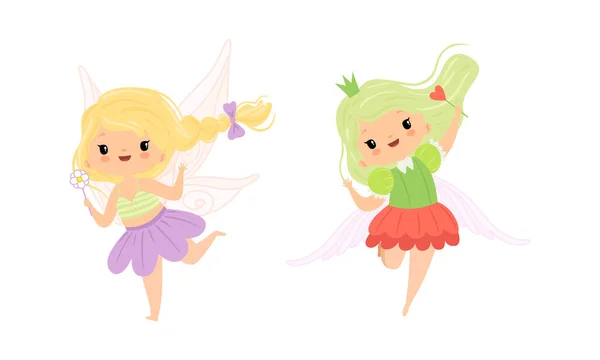 Linda niña Pixie con alas etéreas volando con varita mágica conjunto de vectores — Vector de stock