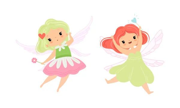 Linda niña Pixie con alas etéreas volando con varita mágica conjunto de vectores — Vector de stock