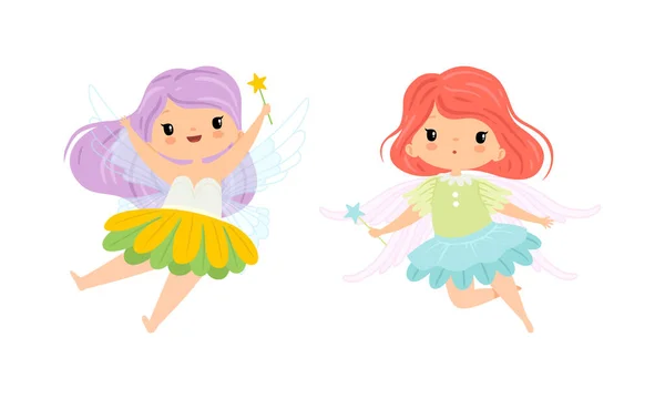 Cute Little Pixie Girl with Ethereal Wings Flying with Magic Wand Vector Set — Stock Vector