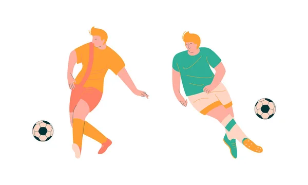 若い男がサッカーやサッカーをプレイピッチ得点目標ベクトルセットの周りを実行しているボールを移動 — ストックベクタ