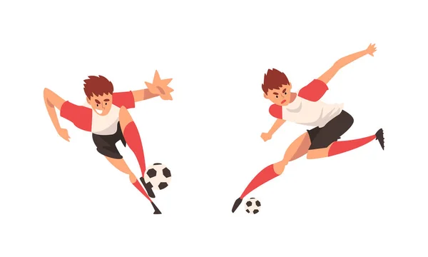 Joven con botas y rodilleras jugando fútbol o fútbol moviendo la pelota alrededor del lanzamiento anotando goles conjunto de vectores — Vector de stock