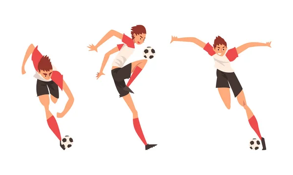 Joven con botas y rodilleras jugando fútbol o fútbol moviendo la pelota alrededor del lanzamiento anotando goles conjunto de vectores — Vector de stock