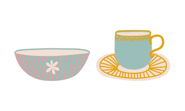 Taça desenhada à mão bonito e tigela para beber chá conjunto de vetor — Vetor de Stock