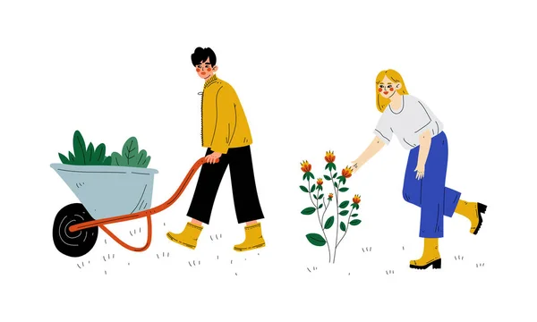Férfi és nő dolgozik a kertben tolótalicska és kultiváló növényi vektor készlet — Stock Vector