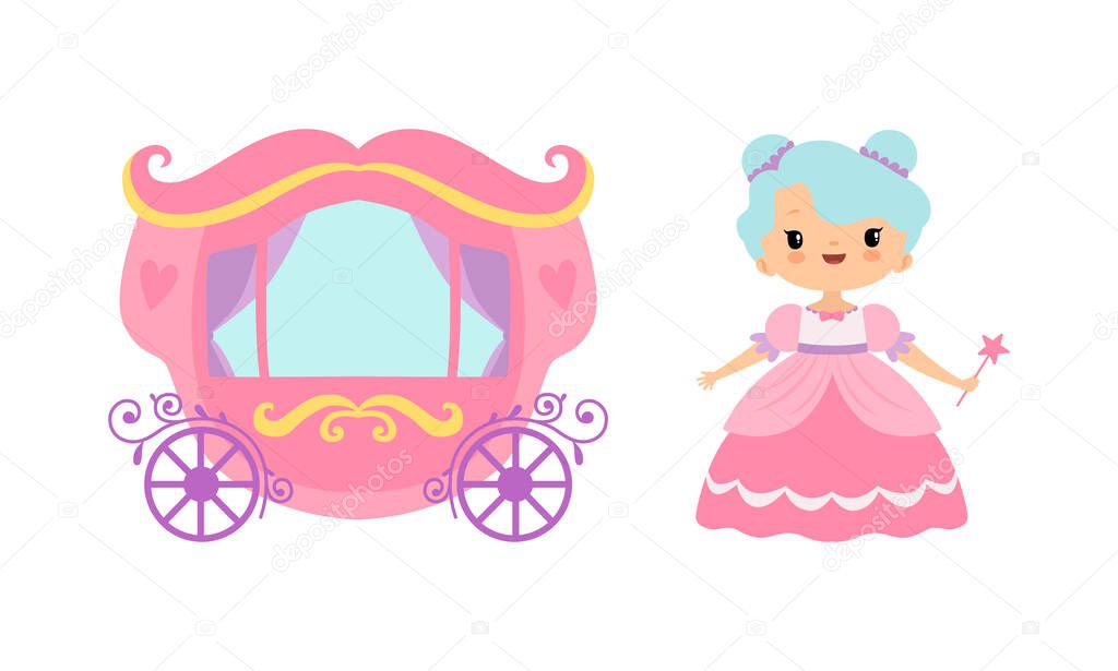 Royal Cinderella Carriage and Fairy in Pretty Dress with Magic Wand Vector Set