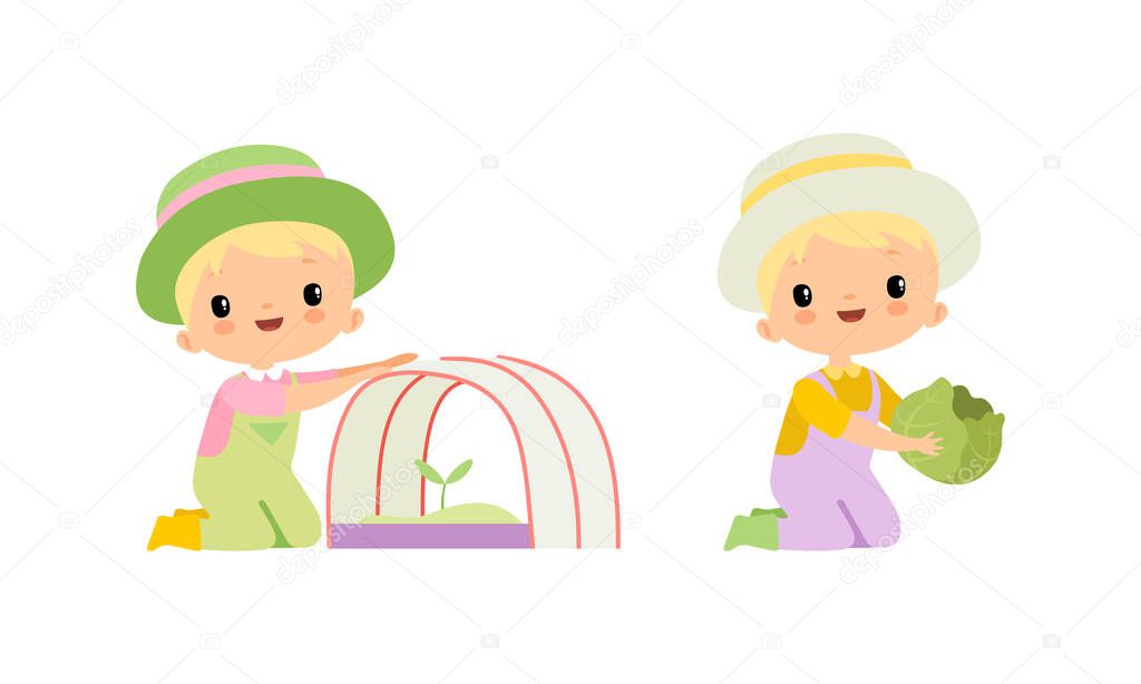 Little Blond Boy in Jumpsuit and Hat at Farm Holding Cabbage and Planting Rootstock Vector Set