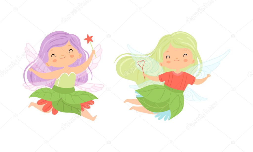 Cute Little Pixie Girl with Ethereal Wings Flying with Magic Wand Vector Set