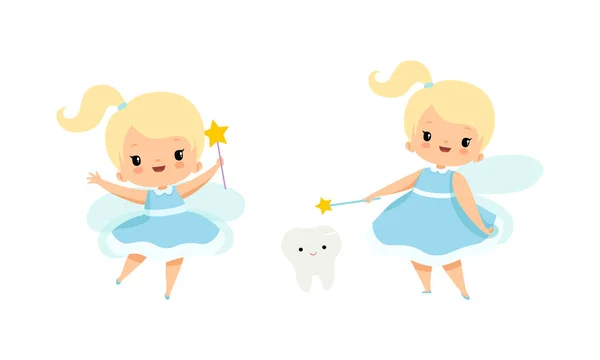 Cute Little Tooth Fairy with Blond Hair and Ponytail with First Baby Tooth Vector Set — Stock Vector