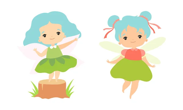 Kleine fee of Pixie met vleugels als bosnimf staande op boom Stump en zwevende vector set — Stockvector