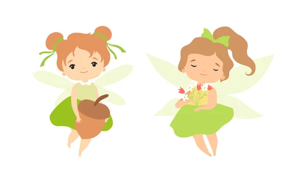 Little Fairy or Pixie with Wings as Woodland Nymph Hovering with Flowers and Acorn Vector Set — Stock Vector