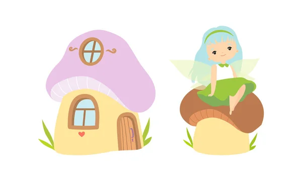 Little Fairy of Pixie met vleugels als bosnimf zittend op paddestoel Cap en Fabulous House Vector Set — Stockvector