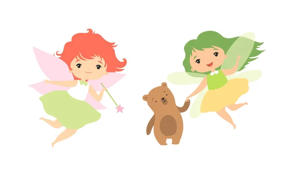 ( 영어 ) Little Fairy or Pixie with Wings: Woodland Nymph Hovering with Magic Wand Vector Set — 스톡 벡터