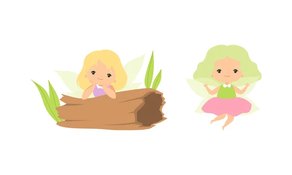 Little Fairy or Pixie with Wings as Woodland Nymph Sitting Near Hollow Log and Hovering Vector Set — Stock Vector