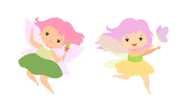 Little Fairy or Pixie with Wings, Woodland Nymph Hovering with Magic Wand Butterfly Vector Set — 스톡 벡터