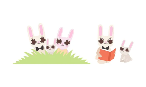 Cute Hare Family with Mother, Father and Cub Sitting in Grass and Reading Book Vector Set — Stock Vector
