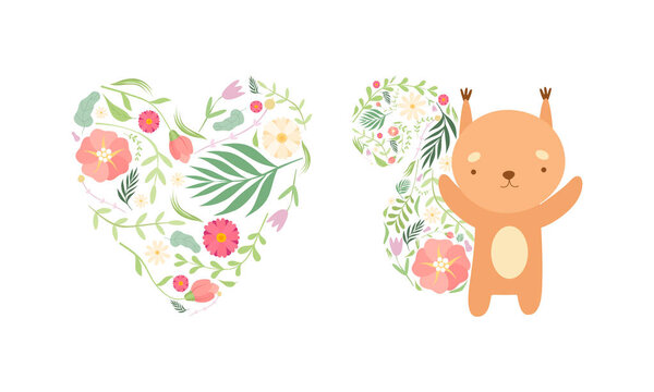 Spring Floral Composition with Heart and Cute Squirrel with Lush Flower Tail Vector Set