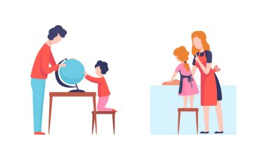 Erkek ve Kadın Ebeveynler, Küre Vektör Kümesi ile Çocukları Eğiten ve Eğiten Aşçılık ve Coğrafya