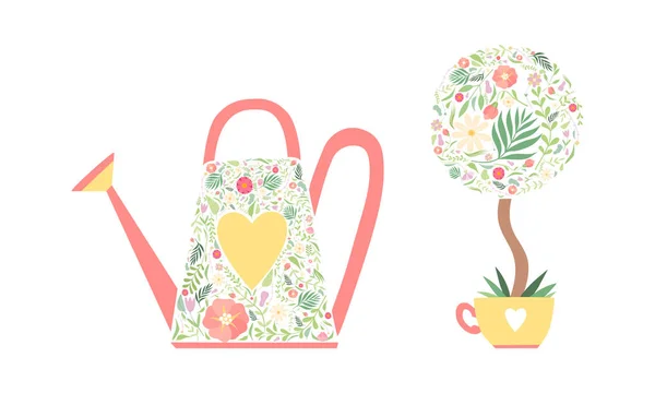 Regadera y Flor en maceta como Símbolo de Primavera Decorado con Conjunto de Vectores de Patrón Floral — Archivo Imágenes Vectoriales