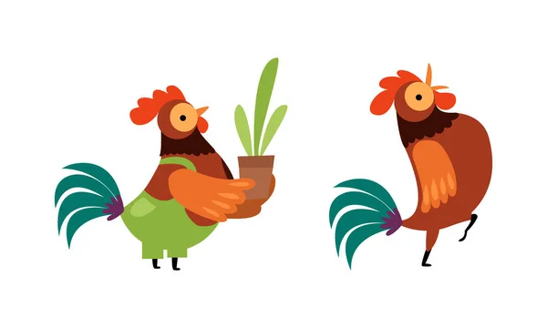 Rooster or Cock Character Crowing and Holding Plant in Flowerpot Vector Set — Stock Vector