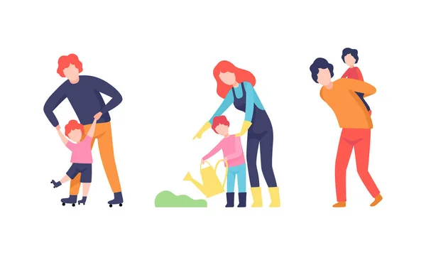 Hombre y mujer padre criando niños conjunto de vectores — Vector de stock