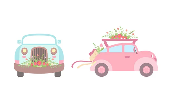 Coche Vintage decorado con flores y cinta como conjunto de vectores de vehículo retro de boda — Archivo Imágenes Vectoriales