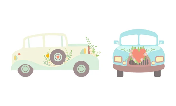 Vintage Car Decorated with Flowers and Heart as Wedding Retro Vehicle Vector Set — Stock Vector