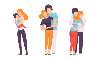 People Characters Embracing Each Other Soothing and Supporting Vector Illustration Set clipart