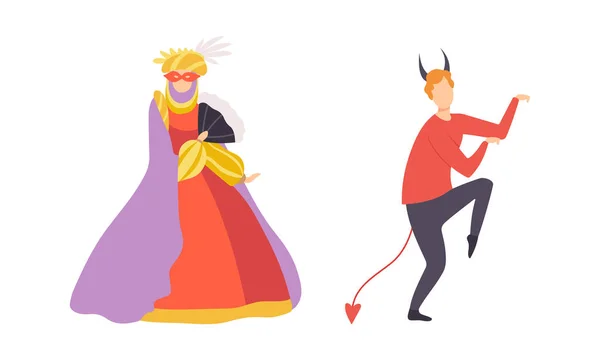 Man och kvinna tecken bär karneval eller part plagg vektor Illustration Set — Stock vektor