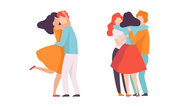 Personajes de personas abrazándose unos a otros calmando y apoyando el conjunto de ilustración vectorial — Vector de stock