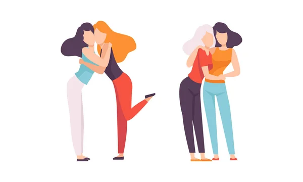 Woman Embracing Each Other Soothing and Supporting Vector Illustration Set — Stock Vector