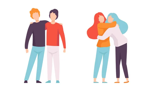 Personagens de pessoas abraçando uns aos outros conjunto de ilustração de vetor calmante e de apoio —  Vetores de Stock