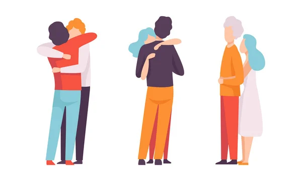 Menschen Charaktere umarmen einander beruhigend und unterstützen Vektor Illustration Set — Stockvektor